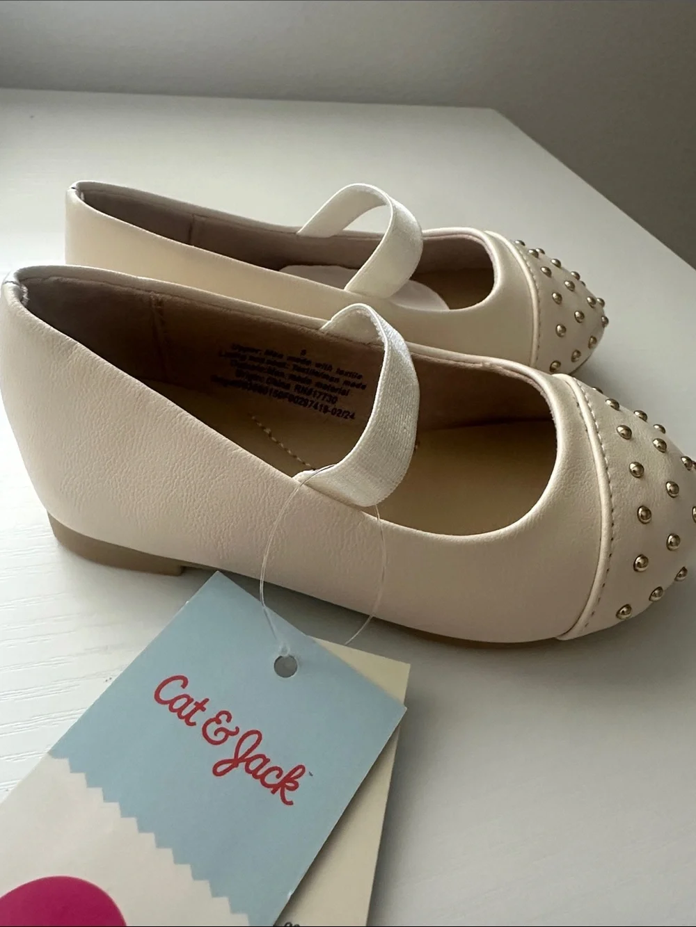 Girls Cream Mary Jane Flats with Gold Studs